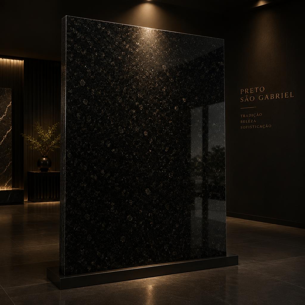 Placa de granito Preto São Gabriel iluminada por spot no showroom